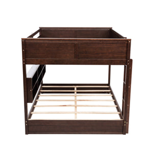 English Elm Queen Over Queen Floor Bunk Bed with Built-In Storage Shelves, USB Charging Station, Solid Pine Frame, Safety Rails and LadderDesigned for Space Saving and Modern Bedrooms Brown W504S00239