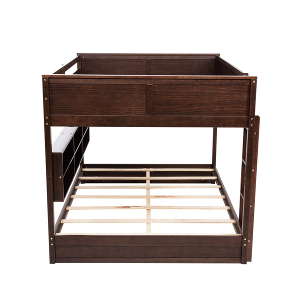 English Elm Queen Over Queen Floor Bunk Bed with Built-In Storage Shelves, USB Charging Station, Solid Pine Frame, Safety Rails and LadderDesigned for Space Saving and Modern Bedrooms Brown W504S00239