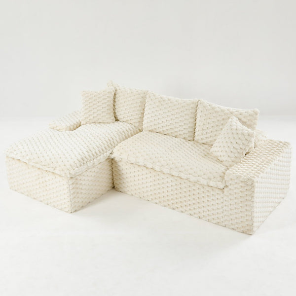 English Elm White Turtle Velvet Convertible Sofa: Stylish L-Shape Twin-Seat With Left Chaise For Cozy Lounging W3371S00037-GIGA