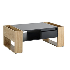 English Elm ON-TREND High Gloss Coffee Table with 2 Drawers, Hidden Compartment, Open Shelf, Modern Luxury Finish Black+Natural N721P205792B