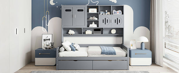 English Elm Twin Size Wooden Daybed With Storage Drawers, Sleek Gray Finish, Cabinet & Shelf For Space-Saving Use N820S00015E-GIGA