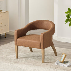 English Elm Modern Upholstered PU Open Back Accent Armchair with Weathered Rubberwood Legs and Foam Seat Comfort Brown W3118P307510