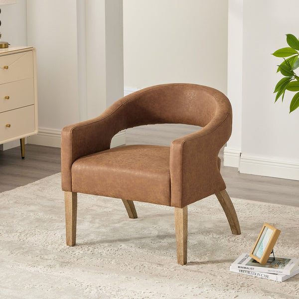 English Elm Modern Upholstered PU Open Back Accent Armchair with Weathered Rubberwood Legs and Foam Seat Comfort Brown W3118P307510