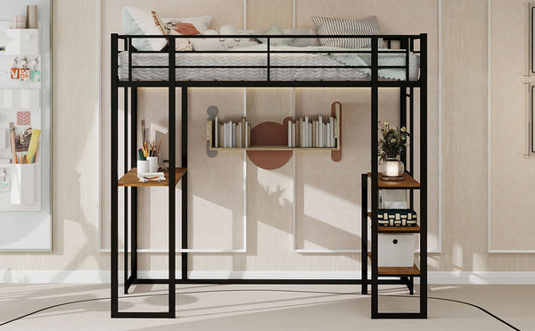 English Elm Iron framed bunk bed with L-shaped study desk and dual-side stairs, space-saving durable design Black W1935P330795