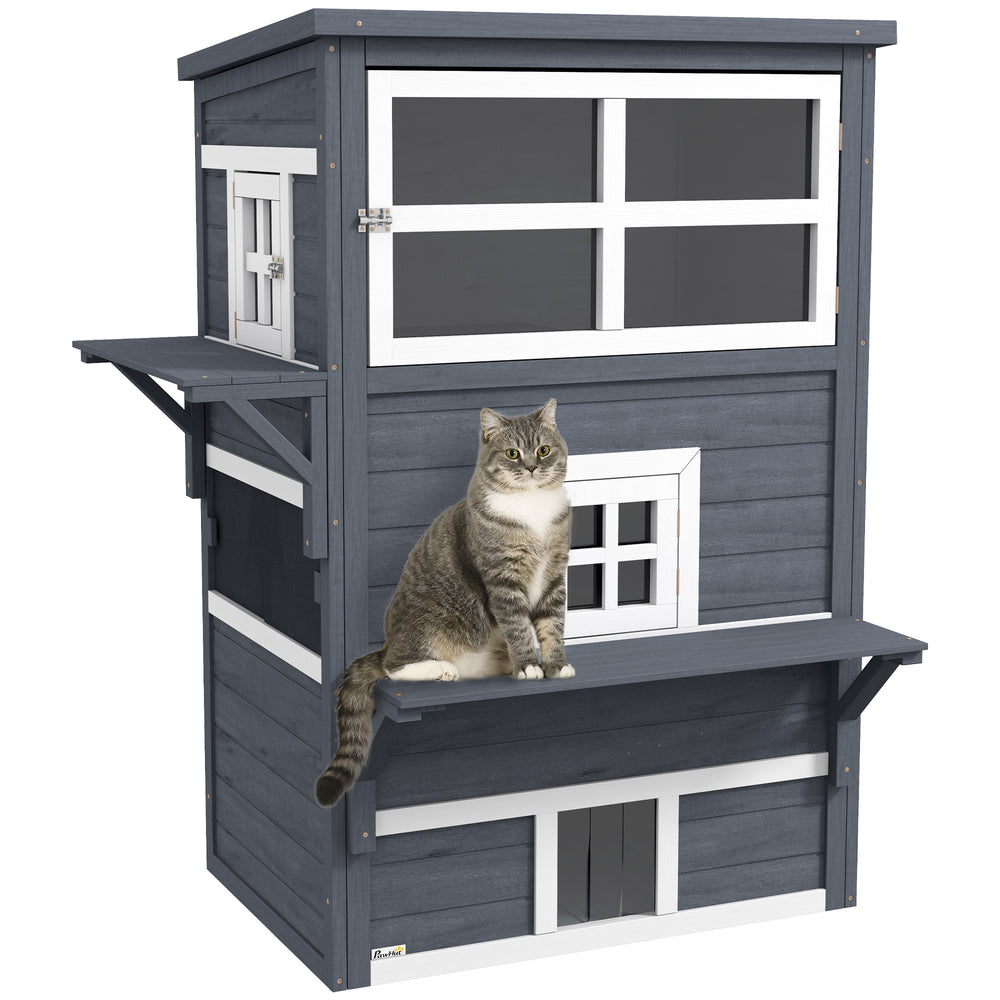 English Elm PawHut Outdoor 3-Story Cat House with Raised Floor, Asphalt Roof, Escape Doors & Play Platforms Dark Gray W2225P229411