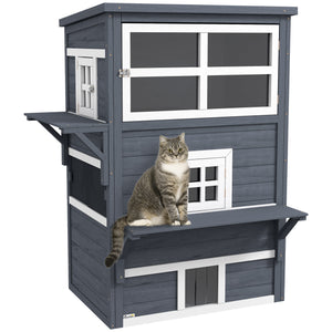 English Elm PawHut Outdoor 3-Story Cat House with Raised Floor, Asphalt Roof, Escape Doors & Play Platforms Dark Gray W2225P229411