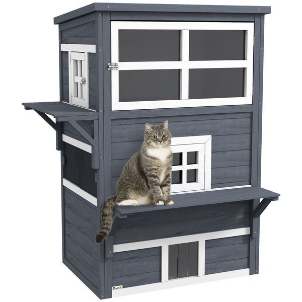 English Elm PawHut Outdoor 3-Story Cat House with Raised Floor, Asphalt Roof, Escape Doors & Play Platforms Dark Gray W2225P229411