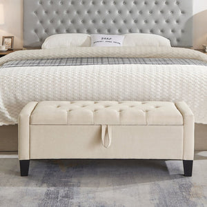 English Elm Ottoman Storage Bench Tufted Linen Upholstered Entryway Seat with Lift Top Shelf Beige W2186P465442