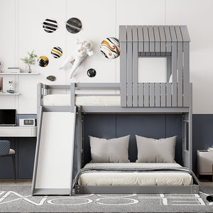 English Elm Wooden Twin Over Full Bunk Bed Farmhouse Playhouse Slide Pinewood Kids Loft Gray LT000328AAN