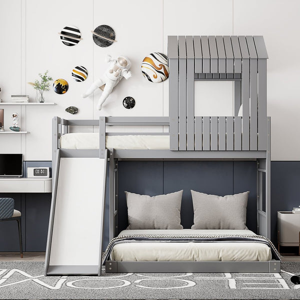 English Elm Wooden Twin Over Full Bunk Bed Farmhouse Playhouse Slide Pinewood Kids Loft Gray LT000328AAN