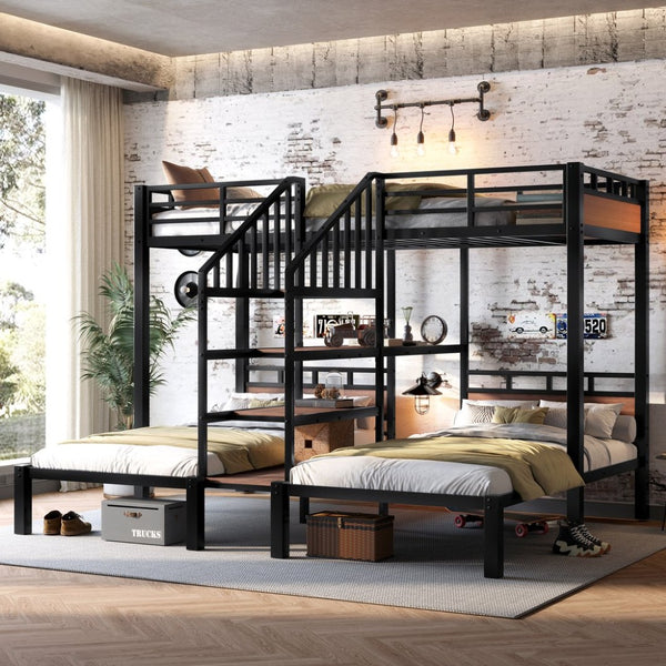English Elm Twin Triple Bunk Bed Black Metal Frame with Built-in Storage Stairs and Shelves W1580S00619