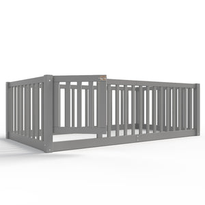 English Elm Twin Floor Bed Pine Wood Frame with Guardrails and Door for Safe Toddler Sleep Gray W1580P418051