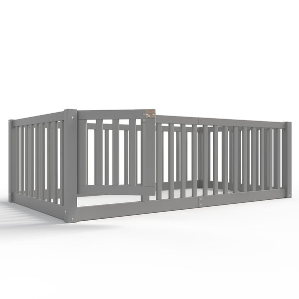 English Elm Twin Floor Bed Pine Wood Frame with Guardrails and Door for Safe Toddler Sleep Gray W1580P418051
