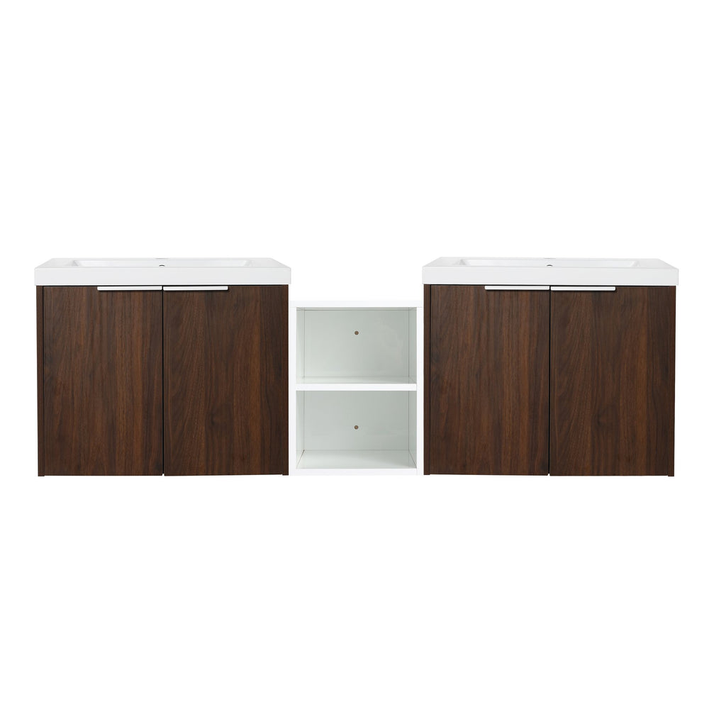 English Elm 60 Inch Wall Mounted Vanity with Dual Resin Sinks, Soft Close Doors, Metal Handles & Shelves Durable Finish California Walnut W999S00187