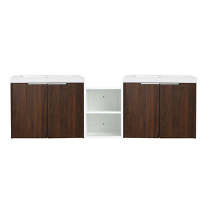 English Elm 60 Inch Wall Mounted Vanity with Dual Resin Sinks, Soft Close Doors, Metal Handles & Shelves Durable Finish California Walnut W999S00187