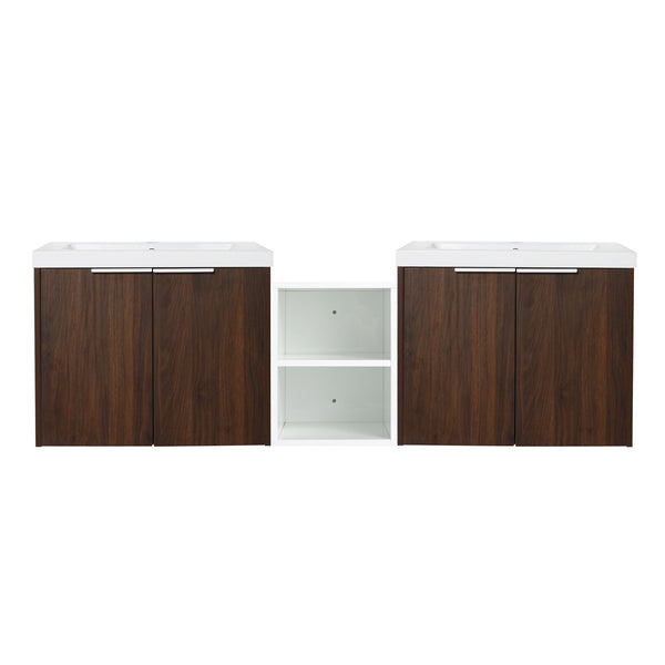 English Elm 60 Inch Wall Mounted Vanity with Dual Resin Sinks, Soft Close Doors, Metal Handles & Shelves Durable Finish California Walnut W999S00187