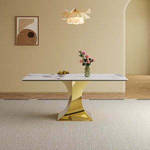 English Elm 71" Rectangular Dining Table with Sintered Stone Top and Gold-Plated Hourglass Base, Durable Modern Design for 6-8 Guests Gold+White W2700S00046