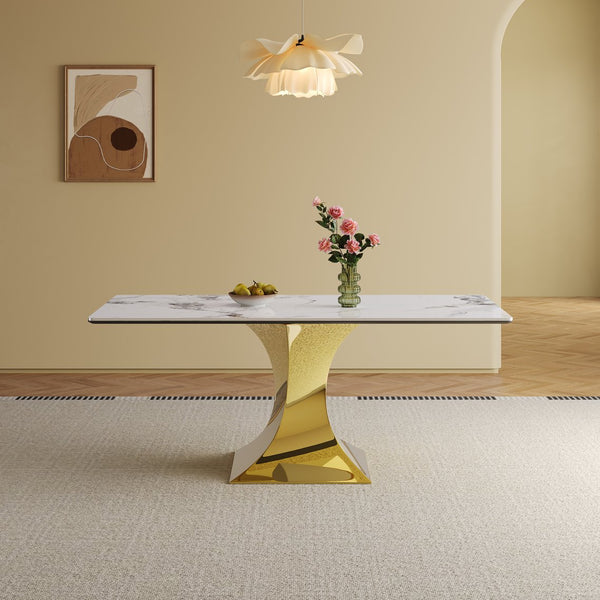 English Elm 71" Rectangular Dining Table with Sintered Stone Top and Gold-Plated Hourglass Base, Durable Modern Design for 6-8 Guests Gold+White W2700S00046