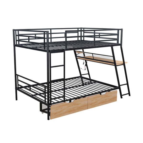 English Elm Full Full Size Metal Bunk Bed with Built-in Desk, Light, 2 Drawers, Shelves, Sturdy Space-Saver Black GX001517AAB