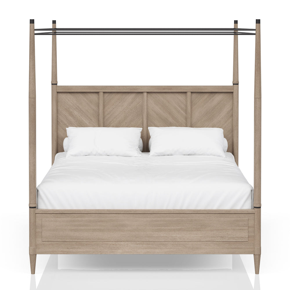 English Elm Queen Canopy Bed Sand Finish — Solid Wood & MDF Transitional Design, Warm Centerpiece for Bedroom B2699S00016