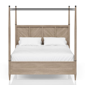 English Elm Queen Canopy Bed Sand Finish — Solid Wood & MDF Transitional Design, Warm Centerpiece for Bedroom B2699S00016