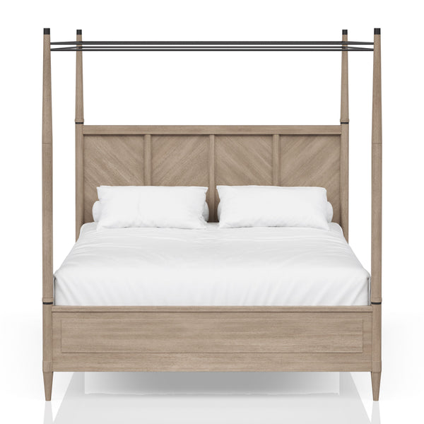 English Elm Queen Canopy Bed Sand Finish — Solid Wood & MDF Transitional Design, Warm Centerpiece for Bedroom B2699S00016