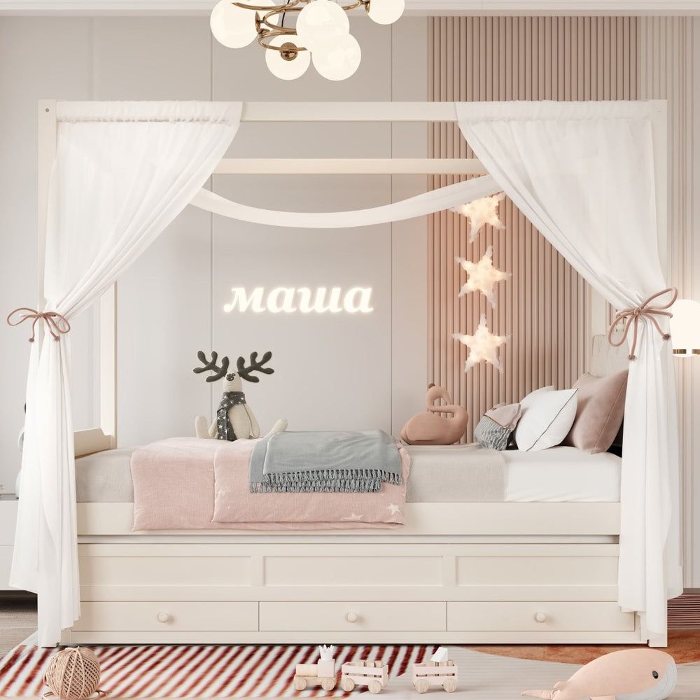English Elm Full Bunk Bed with Trundle Bookshelf Storage Pine Frame Car Design for Kids W1580S00315