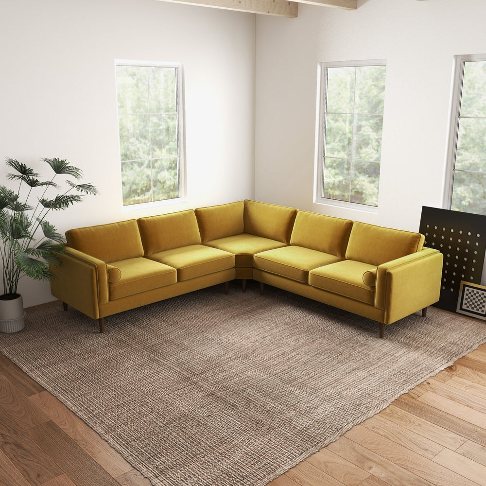 English Elm Ashcroft Furniture - Amber Velvet Corner Sectional Sofa - Mid-Century Yellow Upholstery, Solid Wood Frame, Removable Cushions B183S00071