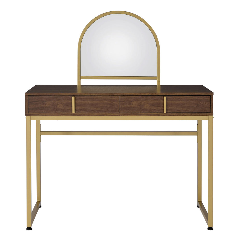 English Elm 2 Drawers Vanity Desk With Mirror & Jewelry Tray – Elegant Walnut & Gold Design For Compact Spaces B016P317505