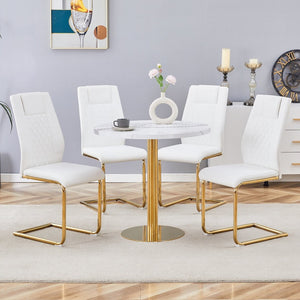 English Elm Table 5-Piece Set: Elegant White Marble Round Dining Table With Gold Legs & 4 Pu Upholstered Chairs W1151S02491-GIGA