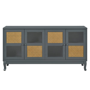 English Elm Retro 4-Door Sideboard with Spacious Adjustable Shelves, Solid Wood Legs, Spray-Painted MDF Finish Antique Dark Grey,Rattan W2696P256247