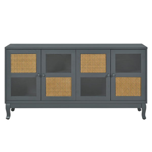 English Elm Retro 4-Door Sideboard with Spacious Adjustable Shelves, Solid Wood Legs, Spray-Painted MDF Finish Antique Dark Grey,Rattan W2696P256247