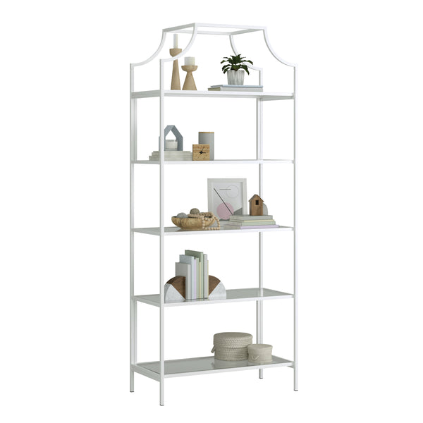 English Elm Bookcase, Elegant White Design With 5 Tempered Glass Shelves For Stylish Storage And Display B356P367938