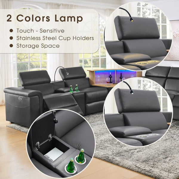 English Elm 5-seater Air Leather Power Reclining Sectional with Led Bluetooth Subwoofer and Lift Cabinet Dark Grey W1191S00125