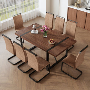 English Elm Table Set – Industrial Walnut Dining Table With 8 Brown Tech Fabric Chairs & Black Metal Legs, 71"X39" W1151S02440-GIGA