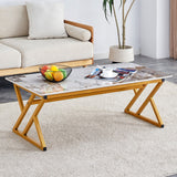 English Elm A Coffee Table Is Made Of Rock Slab Material, With A Natural and Smooth Marble Pattern On The Surface, Which Complements The Modern Design Of The Golden Metal Legs and Adds A Touch Of Fashion.47*23.6