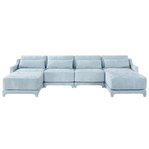 English Elm Four-Seater Sofa Set With Movable Ottoman & Lumbar Pillow - Elegant Sky Blue Chenille Comfort! W714S01212