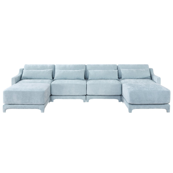 English Elm Four-Seater Sofa Set With Movable Ottoman & Lumbar Pillow - Elegant Sky Blue Chenille Comfort! W714S01212