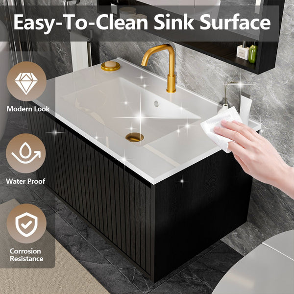 English Elm 30 Inch Bathroom Vanity with Sink — Floor-Standing Stability, Soft-Close Drawers, Ample Storage, Durable Finish Black 35.47 L x 21.85 W x 8.07 H W3520S00007