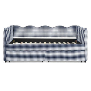 English Elm Twin Gingham Linen Daybed with Wave Silhouette Usb Port and Dual Storage Drawers Navy W1413S00144