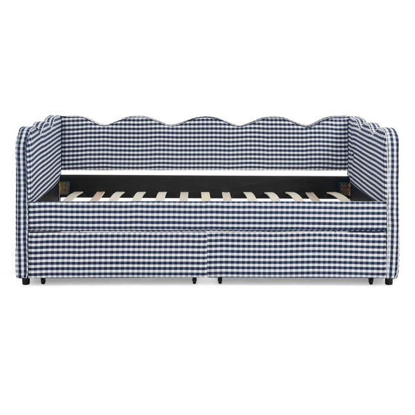 English Elm Twin Gingham Linen Daybed with Wave Silhouette Usb Port and Dual Storage Drawers Navy W1413S00144