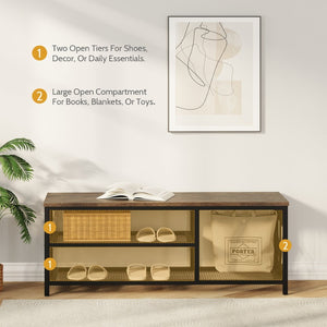 English Elm Vividwood Industrial Entryway Bench Rustic Wood Top Metal Frame Scrollwork Shoe Organizer Brown T5618P505964