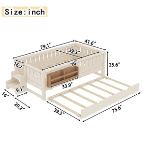 English Elm Twin Kids Platform Bed with Trundle Staircase Bookshelf and Rounded Safety Rails Beige W1580S00556