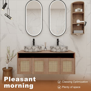 English Elm 48" Floating Bathroom Vanity Oak Finish Dual Ceramic Sinks Soft Close Plywood Cabinet W999S00506