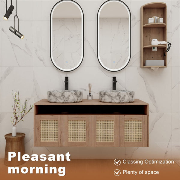 English Elm 48" Floating Bathroom Vanity Oak Finish Dual Ceramic Sinks Soft Close Plywood Cabinet W999S00506