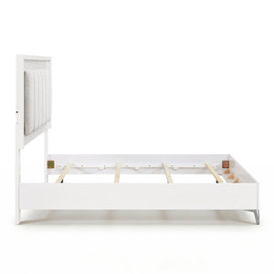 English Elm Glam Queen Bed Chenille Headboard with Led Lighting Faux Marble Chrome Legs B011S02252