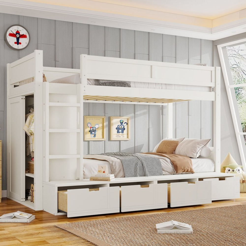 English Elm Twin Triple Bunk Bed Metal L-shaped Frame Sleeps Three Kids White Finish Ivory W1580S00643
