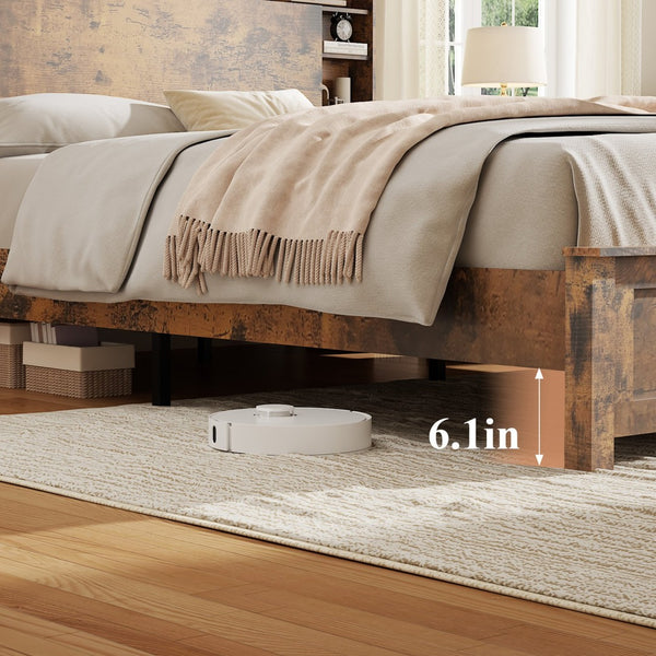 English Elm Full Platform Bed Wood Headboard with Led Lighting Charging Ports and Bookcase Storage W636P444676