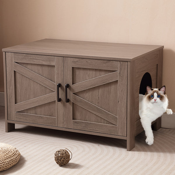 English Elm Cat Litter Box Enclosure with Barn Door Hidden Litter Box Furniture End Table Dual Cabinet Storage Greige W3008P235407