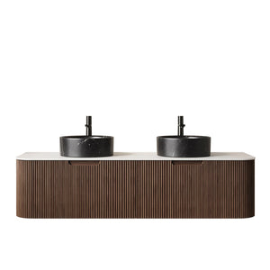 English Elm Dina 60 Inch Floating Bathroom Vanity Sintered Stone Top Dual Glass Basins Wood Grain Black,Carrara White,Walnut W2615S00714